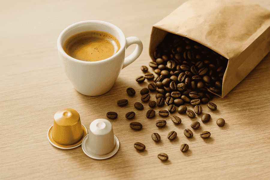 Espresso koffiecups vs. verse bonen