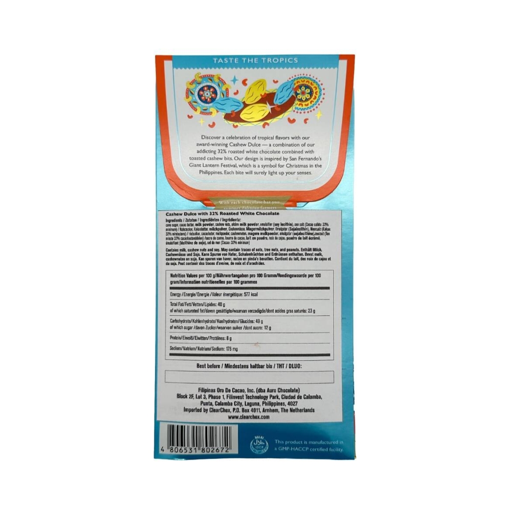 De achterkant van de verpakking van een reep chocolade in de smaak van cashew dulce van het merk Auro