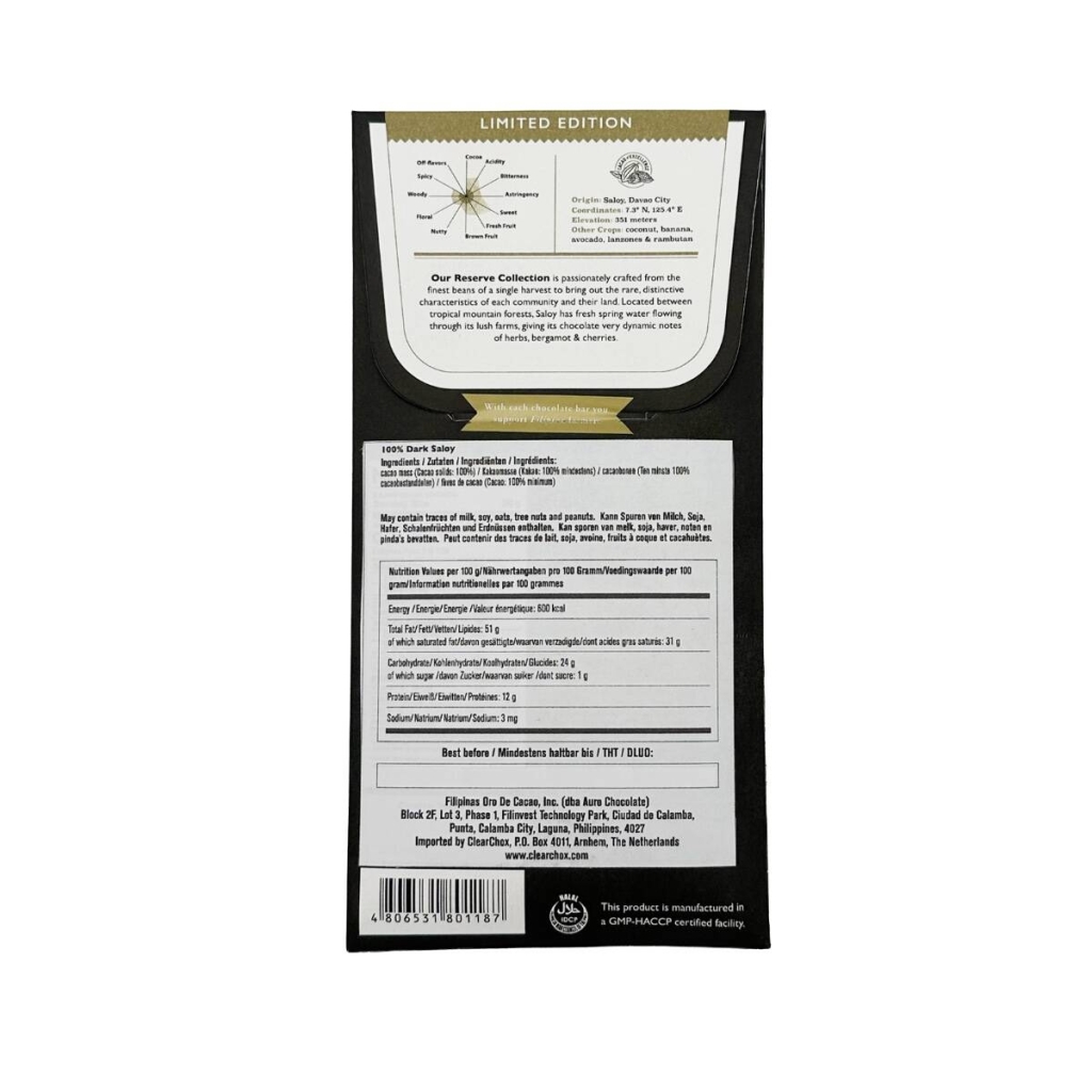 Een reep donkere chocolade in de smaak van saloy van het merk Auro