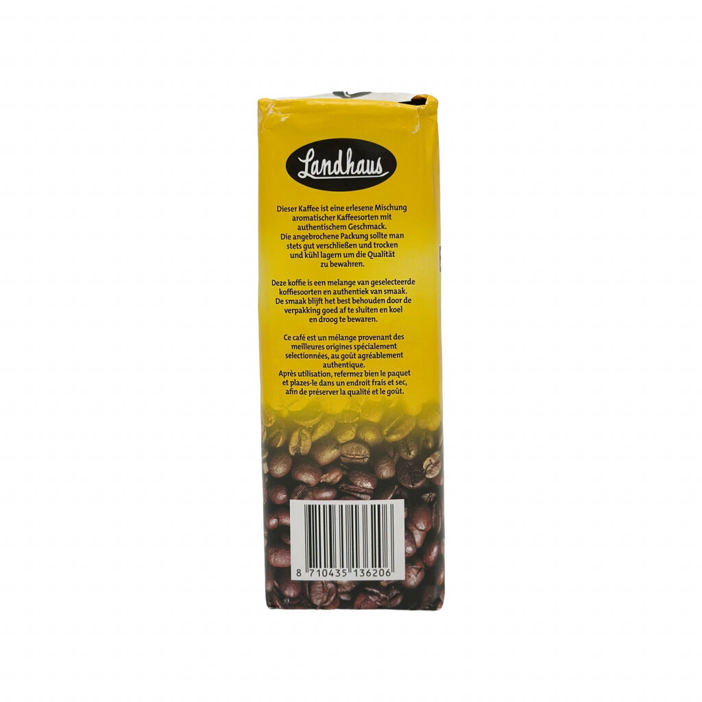 Zijkant van een 500 gram pak gemalen decaf filterkoffie van het merk Landhaus Entkoffeiniert caffeïnevrij