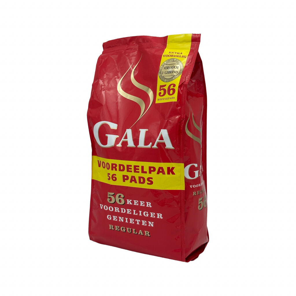 Schuine voorkant van een zak koffie met 56 koffiepads van het merk Gala Regular