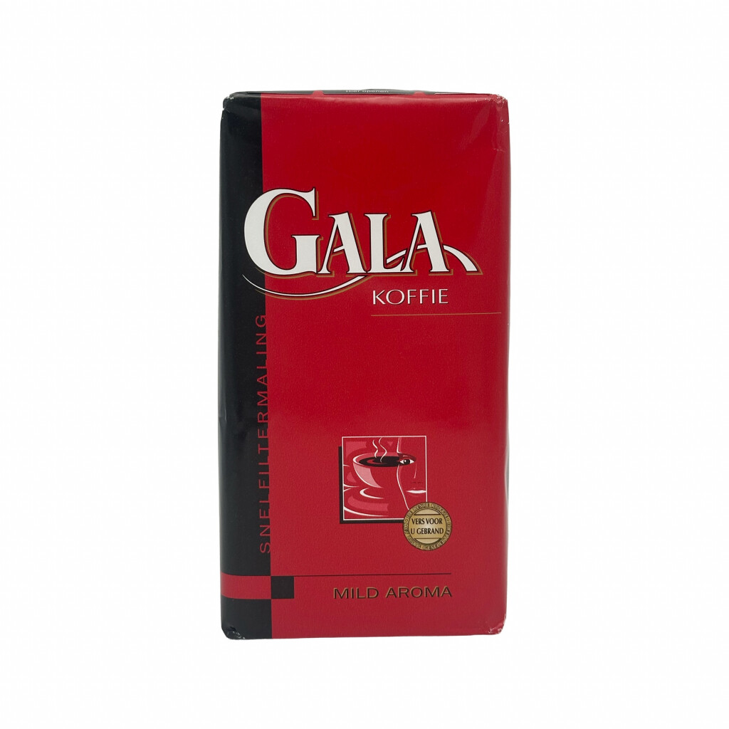 Voorkant van een 500 gram pak gemalen filterkoffie van het merk Gala Mild Aroma