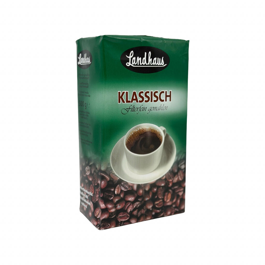 Voor- en zijkant van een 500 gram pak gemalen filterkoffie van het merk Landhaus Klassisch 